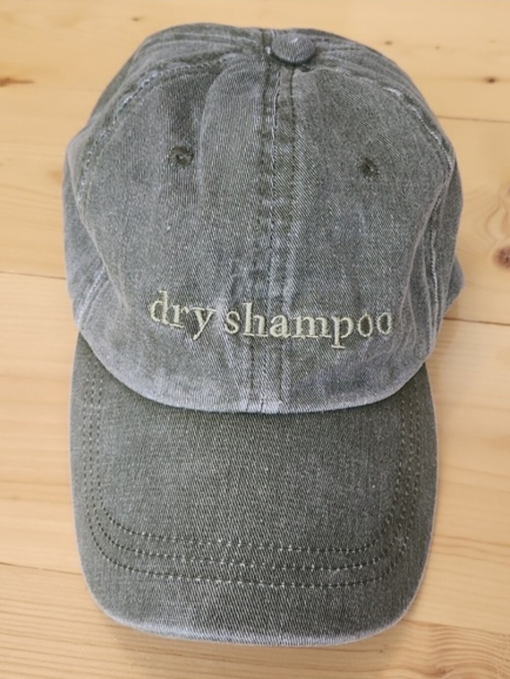 Distressed Olive Green Dry Shampoo Embroidered Baseball Cap